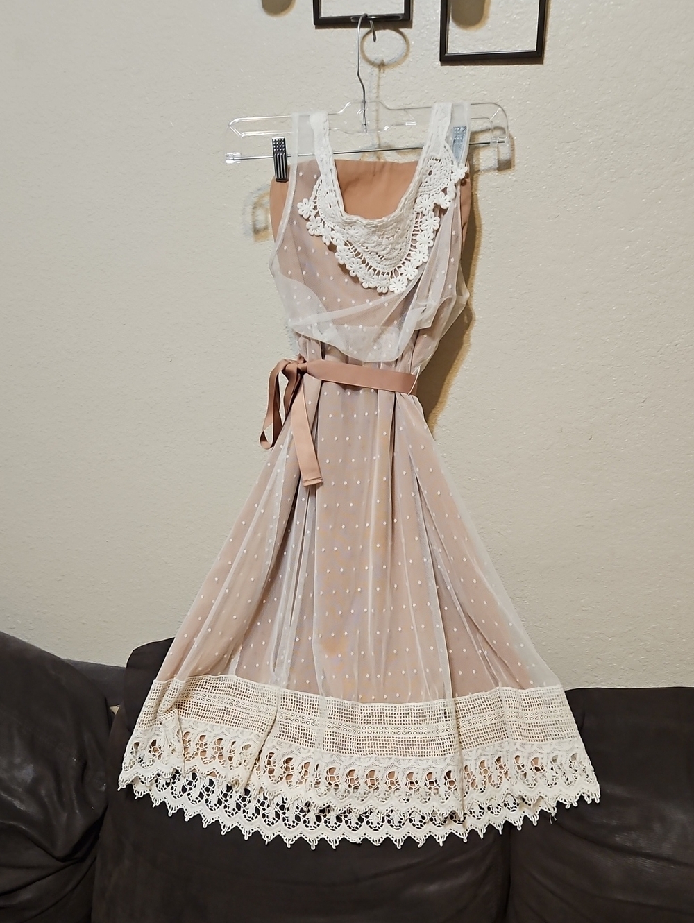 Altar'd State Blush Beige Midi Dress with Lace Trim (fits like a M)